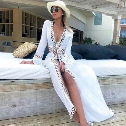 Sexy Deep V-neck White Lace Boho Kimono Bikini Cover up