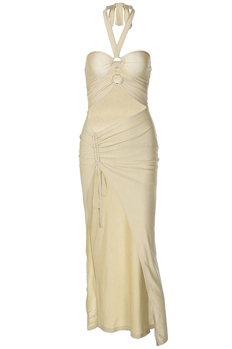 Halter Neck Ring Cut Out Side Ruched High Split Maxi Dress