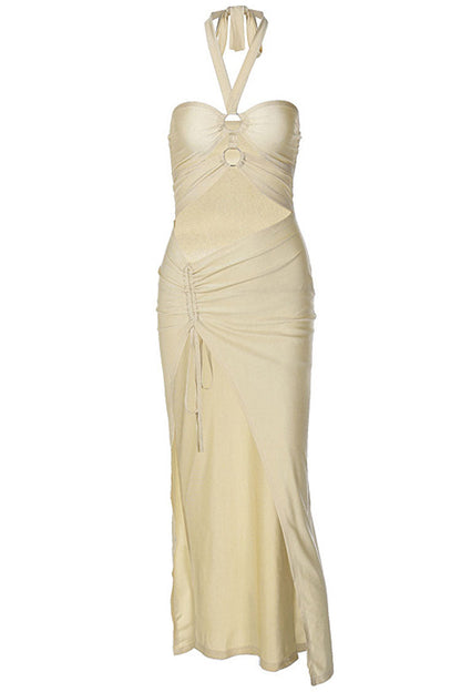 Halter Neck Ring Cut Out Side Ruched High Split Maxi Dress