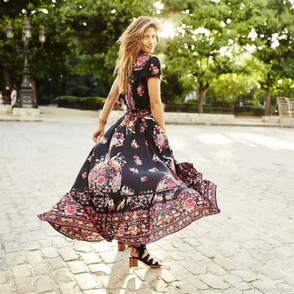 Sexy High Split Flare Sleeve Print Rayon Maxi Boho Dress