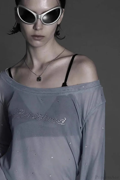 Sexy Rhinestone Embellished Off-the-Shoulder Tulle Blouse
