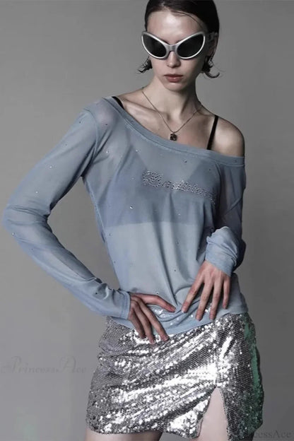 Sexy Rhinestone Embellished Off-the-Shoulder Tulle Blouse