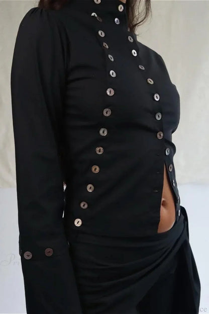 Sexy Solid Button Slim Round Neck Long Sleeve Tee