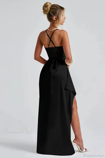 Sexy Solid Spaghetti Strap Back Tie Slit Evening Dress
