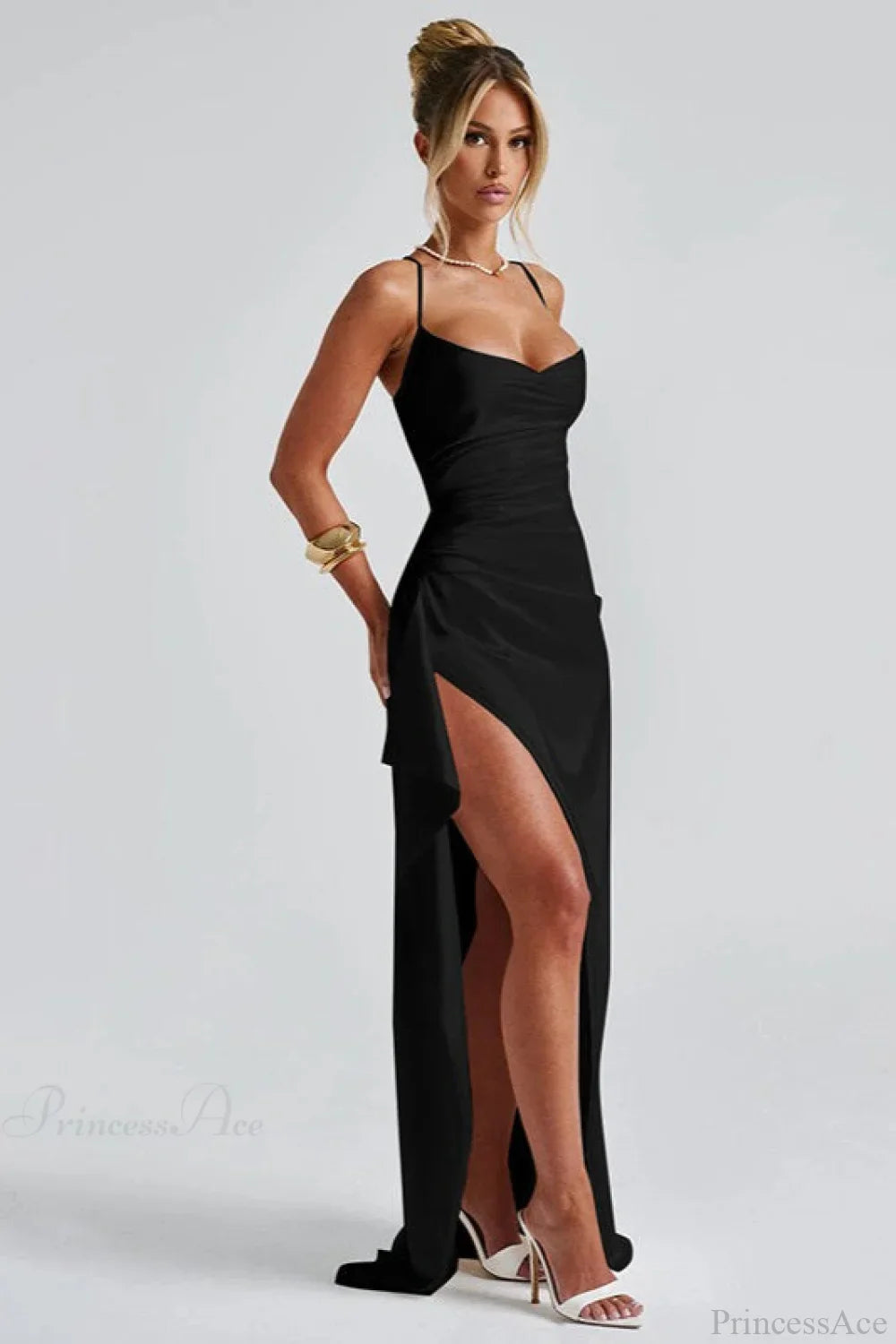 Sexy Solid Spaghetti Strap Back Tie Slit Evening Dress