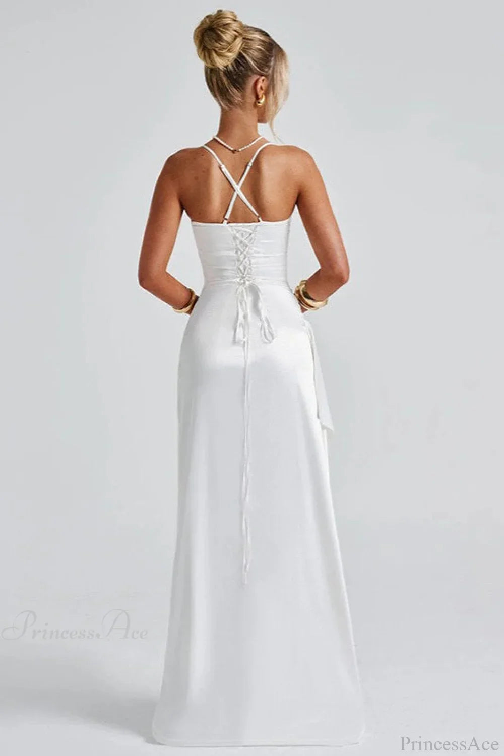 Sexy Solid Spaghetti Strap Back Tie Slit Evening Dress