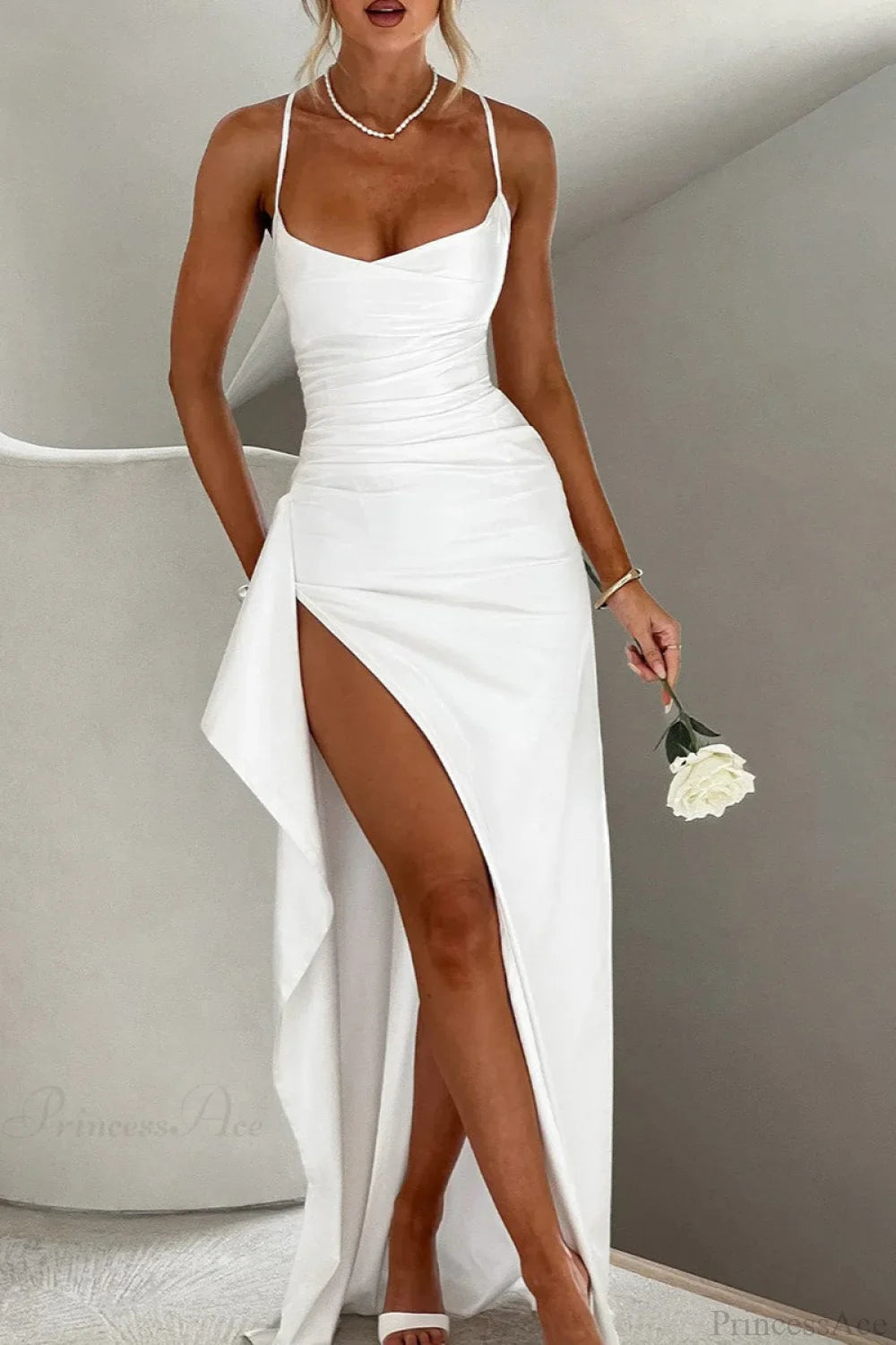 Sexy Solid Spaghetti Strap Back Tie Slit Evening Dress