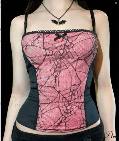 Sexy Spider Web Lace Patchwork Gothic Punk Sleeveless Square Collar Trendy Stylish Crop Top