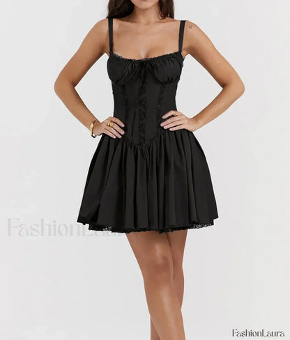 Sexy Strapless Sling Dress for Summer Women's 2024 NEW Lace-up High Waist Lace floral print A-line Mini Dress