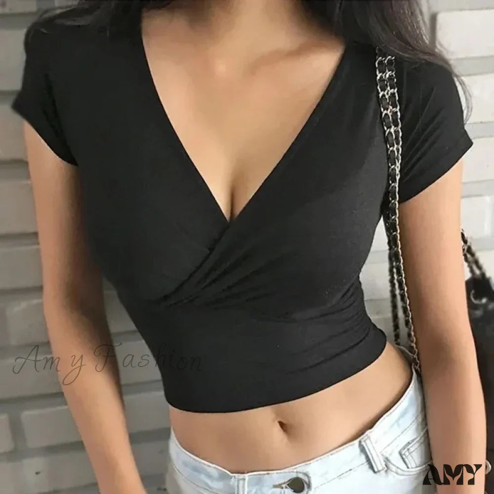 Sexy V Neck Pure Color Patchwork Sleeveless Camisole Casual Slim Vest Crop Top