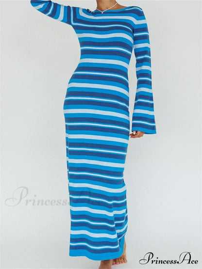 Sexy Women Knitted Sleeve Crew Neck Backless Tie-up Striped Print Slim Fit Spring Fall Vestidos