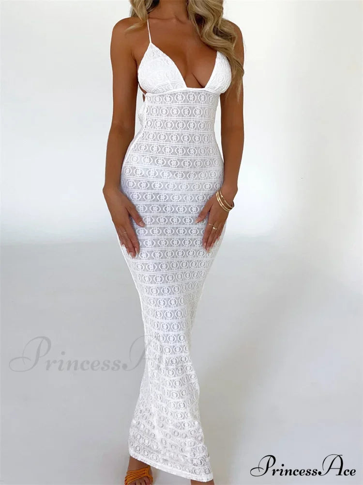 Sexy Women Mesh Sheer See Through Lace Patchwork Backless Deep V-neck Slim Fit Party Beachwear