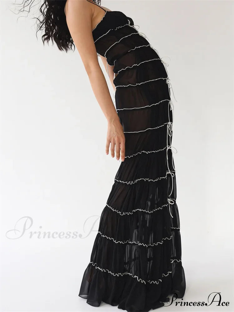Sexy Women Sleeveless Casual Sling Spaghetti Strap See Through Tie-up Sexy Y2K Party Vestidos