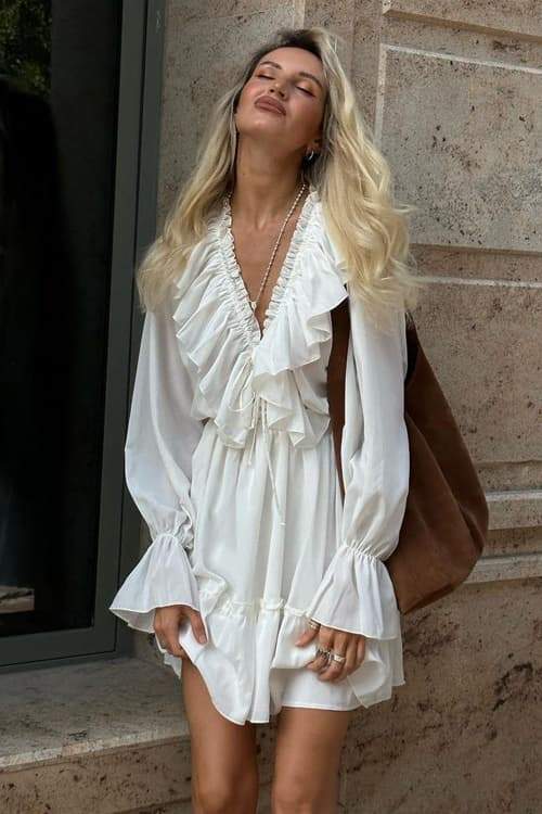 Ruffle-Trim Deep V-Neck Bishop Sleeve Elastic Waist Flounce Mini Dress