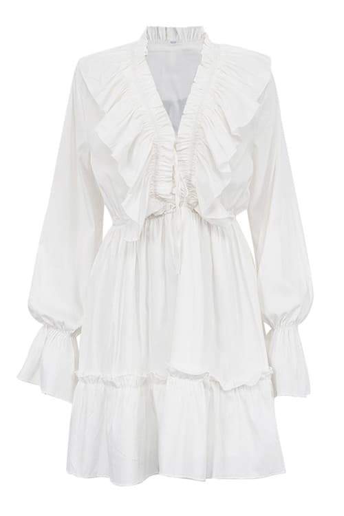Ruffle-Trim Deep V-Neck Bishop Sleeve Elastic Waist Flounce Mini Dress