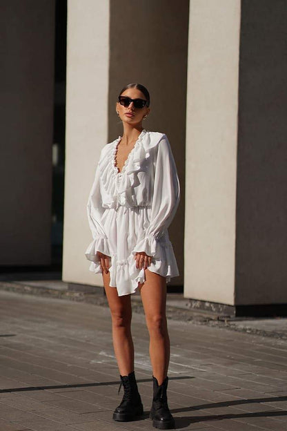 Ruffle-Trim Deep V-Neck Bishop Sleeve Elastic Waist Flounce Mini Dress