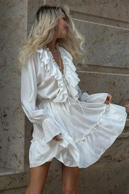 Ruffle-Trim Deep V-Neck Bishop Sleeve Elastic Waist Flounce Mini Dress
