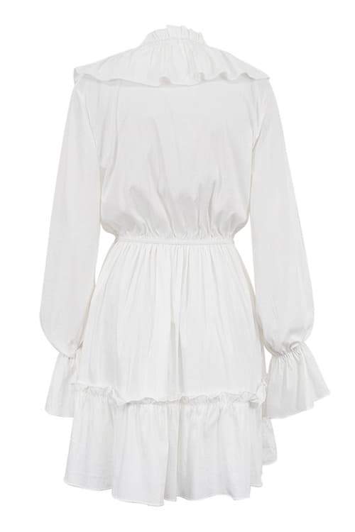Ruffle-Trim Deep V-Neck Bishop Sleeve Elastic Waist Flounce Mini Dress