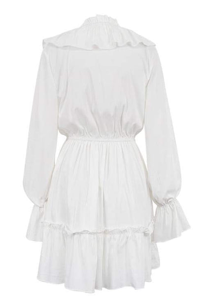 Ruffle-Trim Deep V-Neck Bishop Sleeve Elastic Waist Flounce Mini Dress