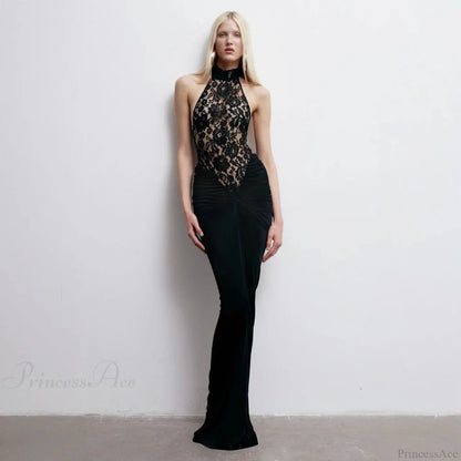 Sheer Lace Halter Backless Black Prom Dress