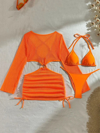 Sheer Long Sleeve Bikini Cover-Up Three Piece Swimsuit