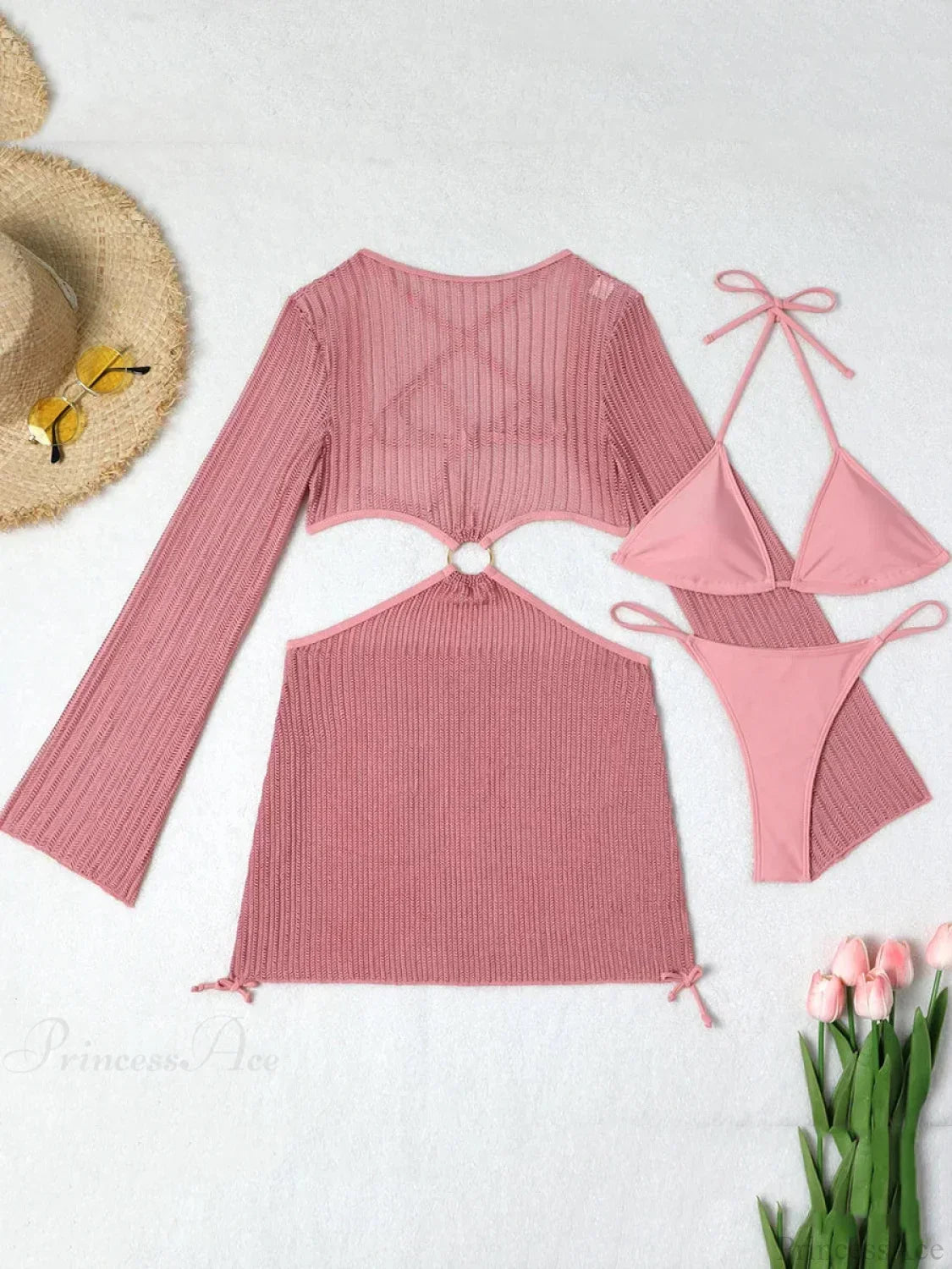Sheer Long Sleeve Bikini Cover-Up Three Piece Swimsuit