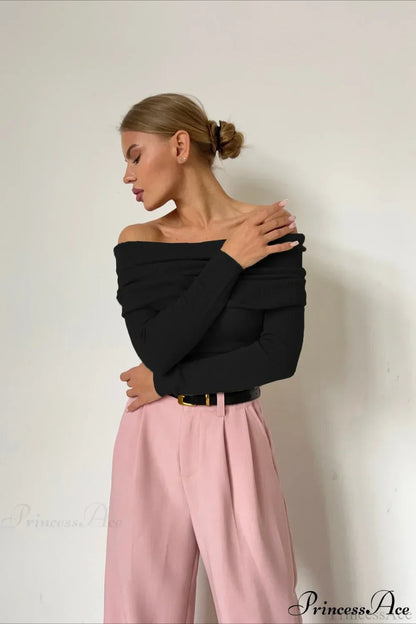 Sheer Off-Shoulder Fitted Solid Pullover Knit Top