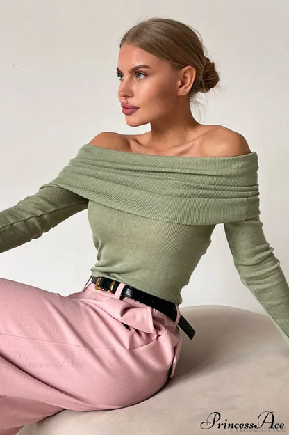 Sheer Off-Shoulder Fitted Solid Pullover Knit Top