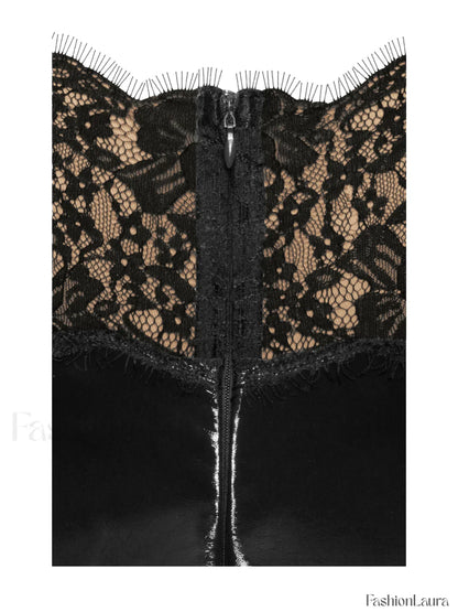 Shelby Black Vegan Leather Graceful with Lace Mini Dress
