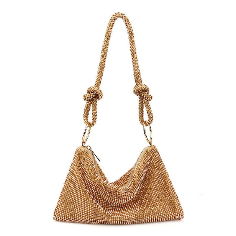 Shimmery Gold Knot Trim Shoulder Bag with Crystal Embellishments