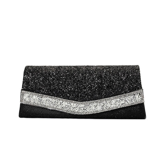 Rhinestone Textured Flap Clutch Bag - Black