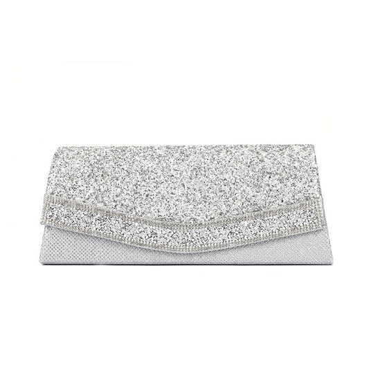 Rhinestone Textured Flap Clutch Evening Bag - Silver