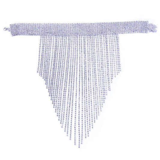 Silver Long Fringe Choker Necklace with Shiny Rhinestone Embellishments