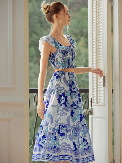 Shirred Floral Graceful Print Skirt Set