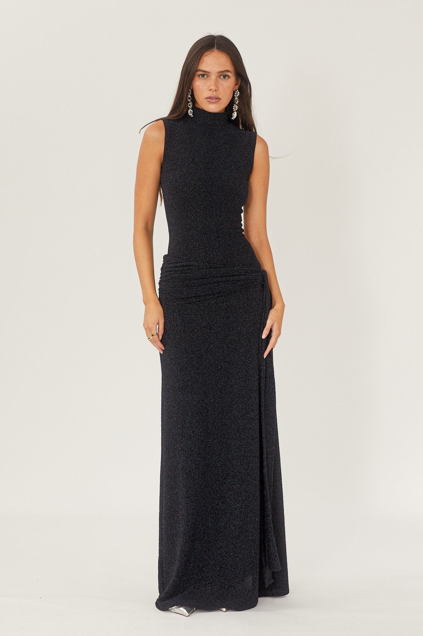 Mock Neck Sleeveless Metallic Knit Side Tie Ruched Maxi Dress