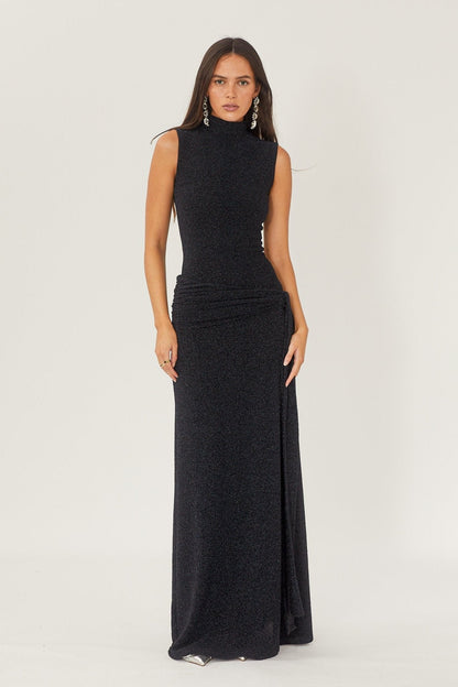 Mock Neck Sleeveless Metallic Knit Side Tie Ruched Maxi Dress