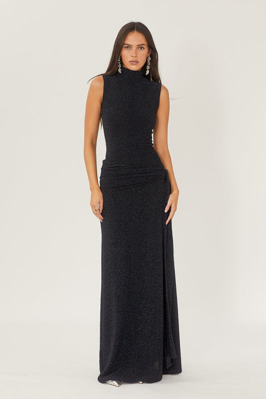 Mock Neck Sleeveless Metallic Knit Side Tie Ruched Maxi Dress