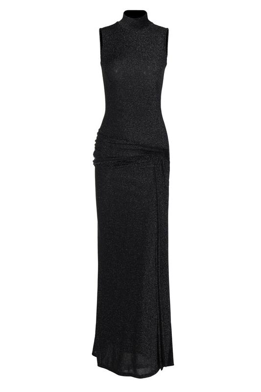 Mock Neck Sleeveless Metallic Knit Side Tie Ruched Maxi Dress
