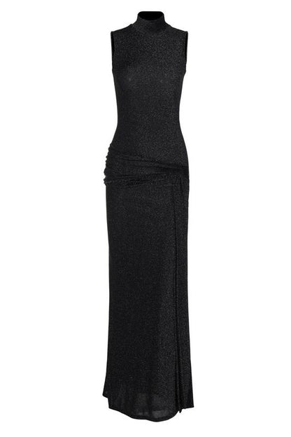 Mock Neck Sleeveless Metallic Knit Side Tie Ruched Maxi Dress