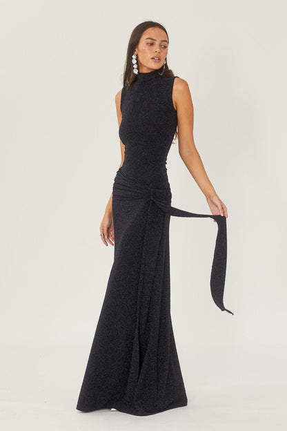 Mock Neck Sleeveless Shimmer Knit Ruched Side Drape Column Maxi Dress