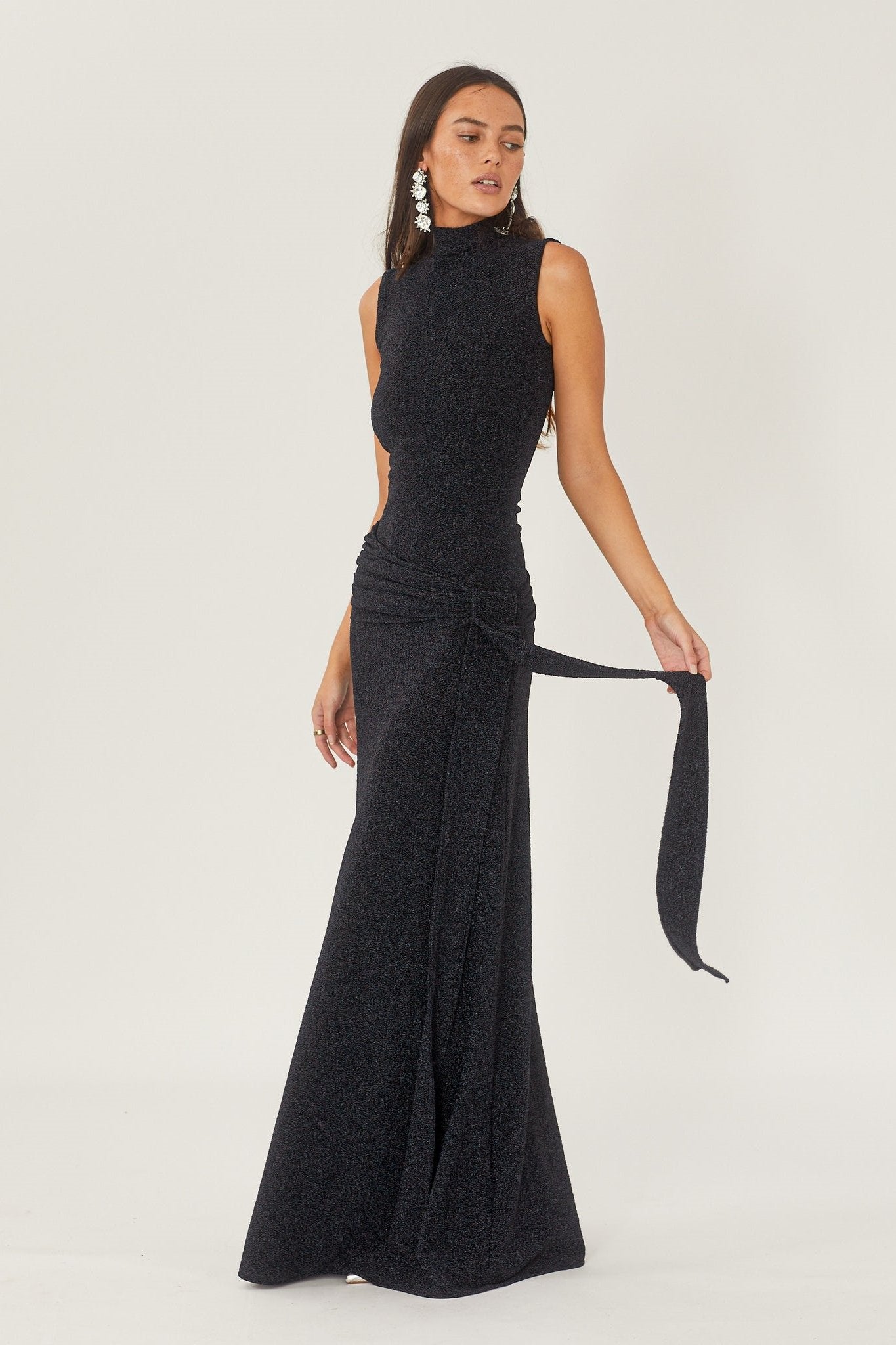Mock Neck Sleeveless Metallic Knit Side Tie Ruched Maxi Dress