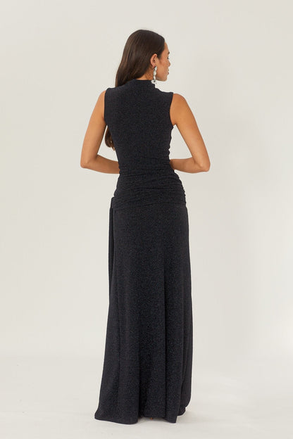 Mock Neck Sleeveless Metallic Knit Side Tie Ruched Maxi Dress