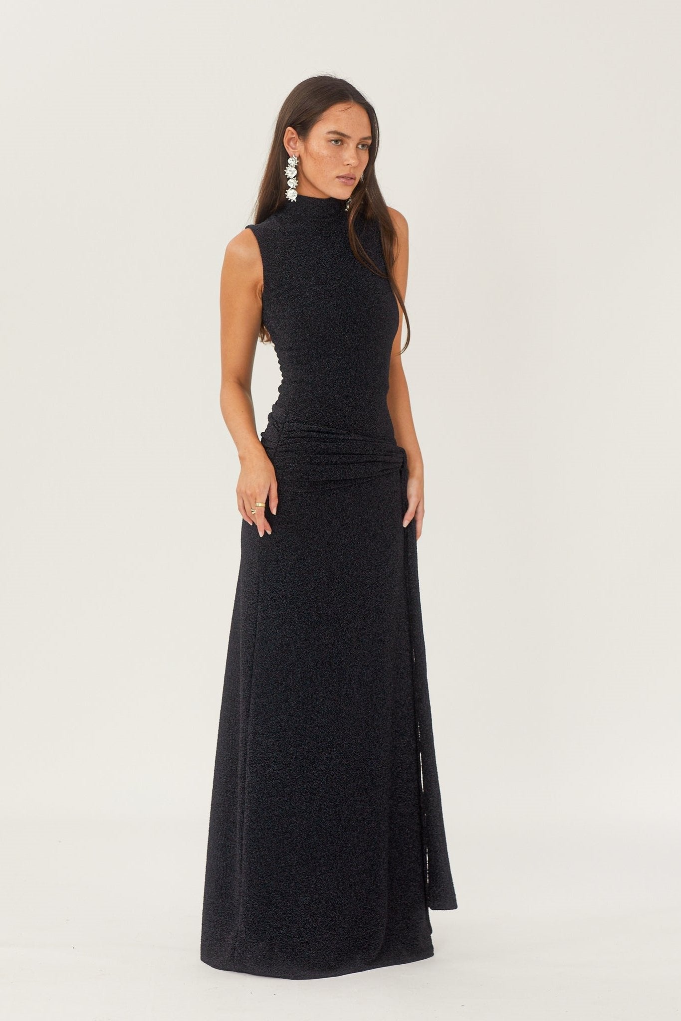 Mock Neck Sleeveless Metallic Knit Side Tie Ruched Maxi Dress