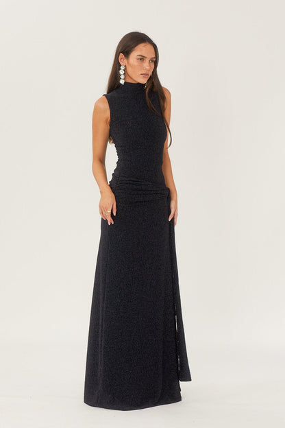 Mock Neck Sleeveless Metallic Knit Side Tie Ruched Maxi Dress