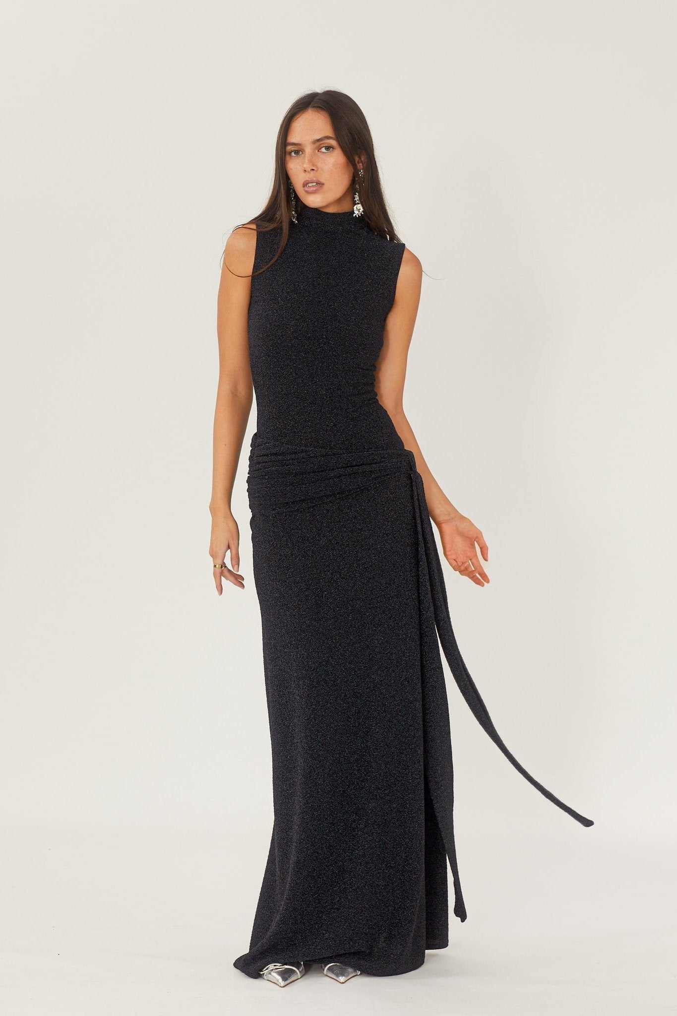 Mock Neck Sleeveless Metallic Knit Side Tie Ruched Maxi Dress