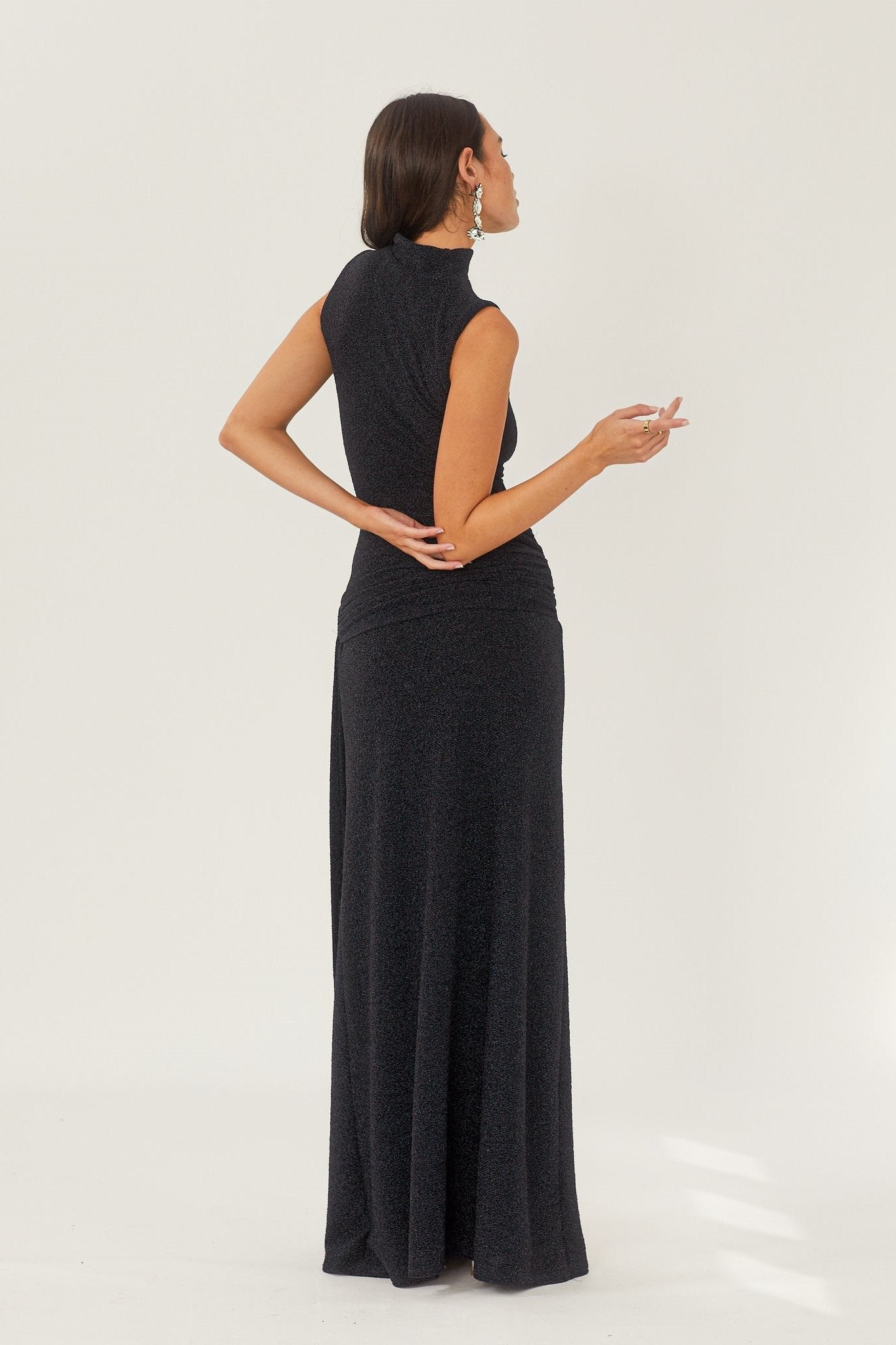 Mock Neck Sleeveless Metallic Knit Side Tie Ruched Maxi Dress