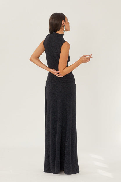 Mock Neck Sleeveless Metallic Knit Side Tie Ruched Maxi Dress