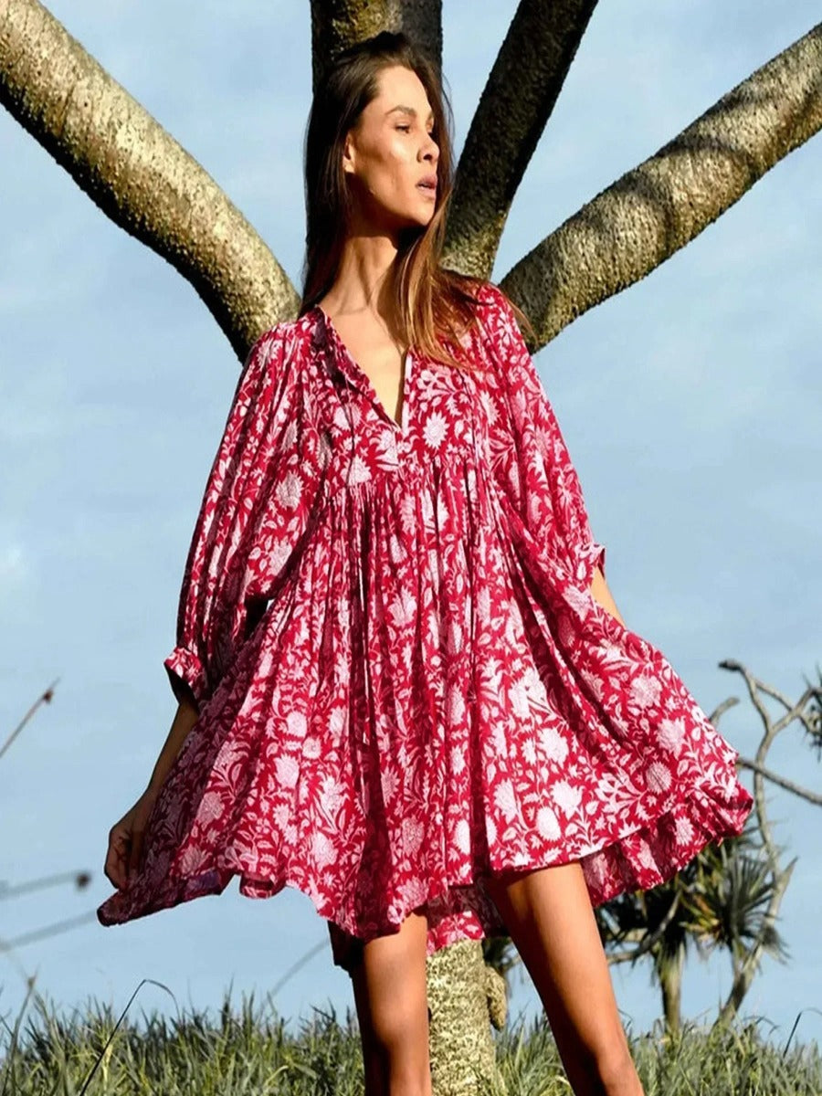 Botanical Block Print Tie-Neck Balloon Sleeve Empire Waist Midi Dress