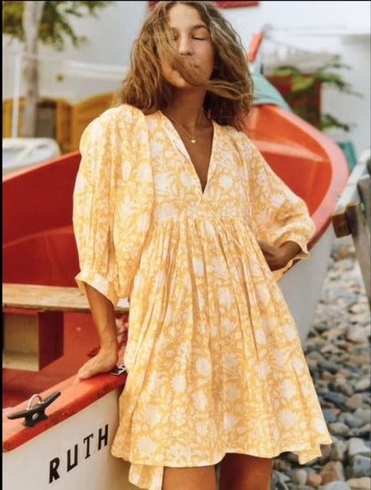 Botanical Block Print Tie-Neck Balloon Sleeve Empire Waist Midi Dress