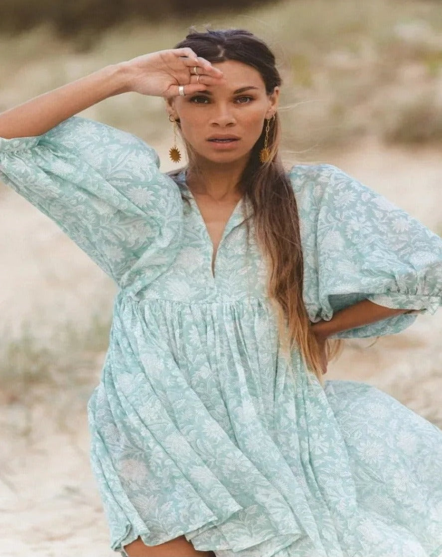 Botanical Block Print Tie-Neck Balloon Sleeve Empire Waist Midi Dress